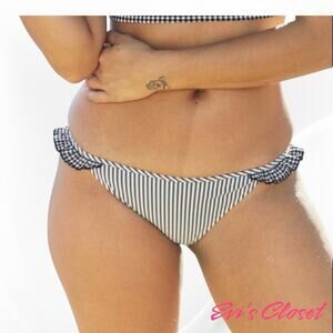 Aerie Seersucker Ruffle Bikini Bottom Gingham Plaid Stripe Gray White Sz M NWT